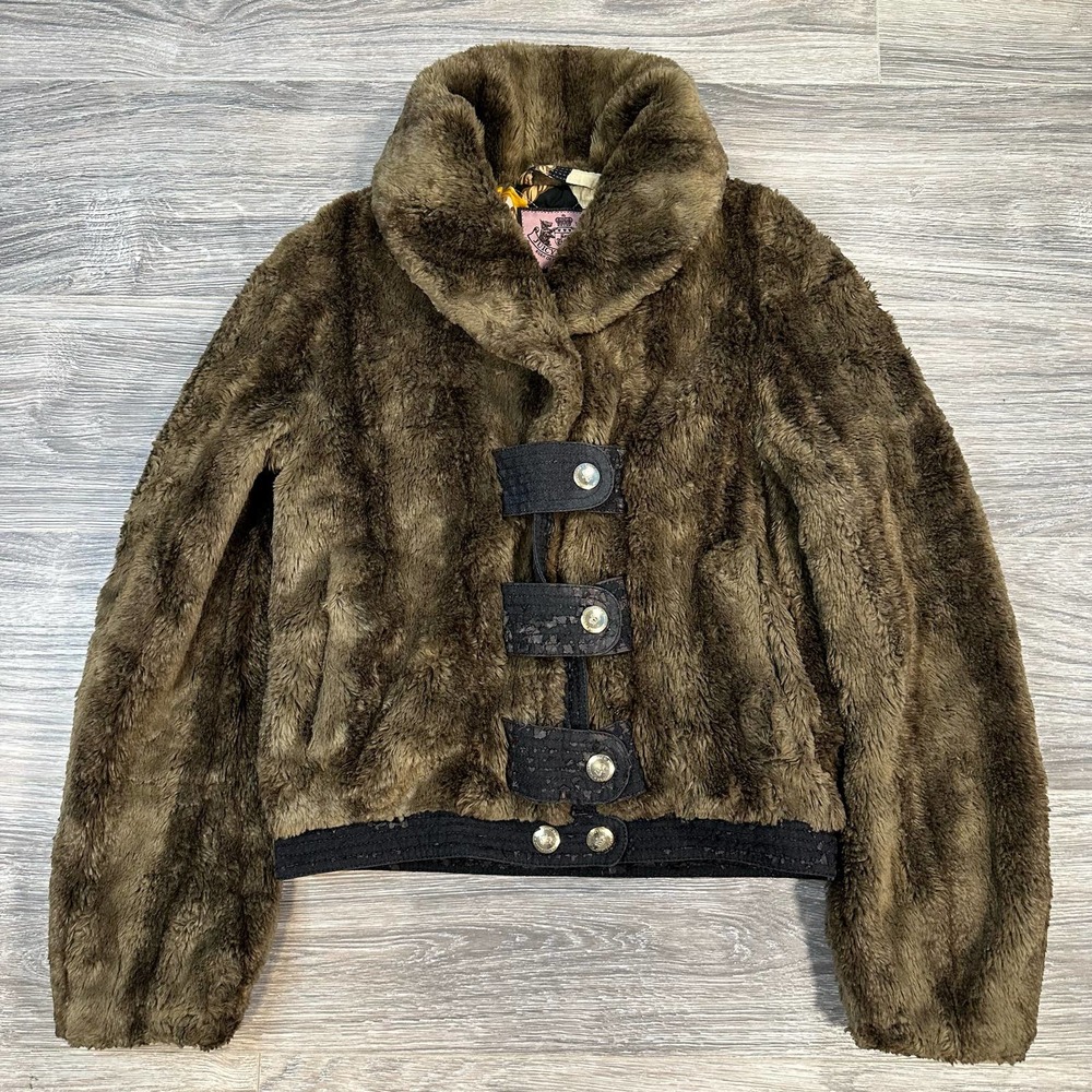 Juicy Couture Faux Fur Y2K Vintage Winter Jacket w/ Distressed Leather Size P